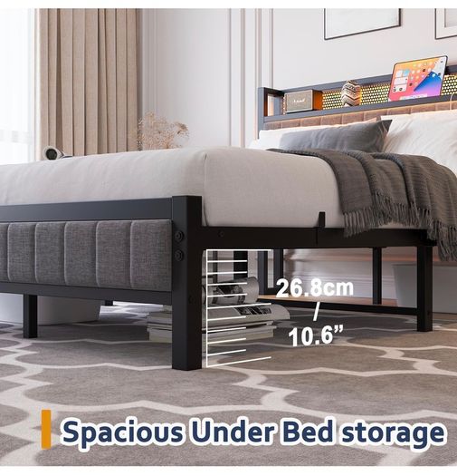 King Size Bed Frame with Upholstered Headboard, Wooden Storage Headboard Shelf, 5ft Upholstered Bed Frame Kingsize with Charging Station/USB Ports and LED Lights (Gray King Bed)