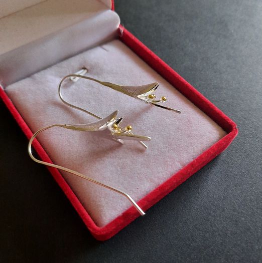 Fuchsia Flower Earrings Silver and Gold Tone Floral Drops Dangle Earrings