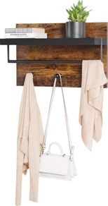 Wall Coat Rack in Industrial Design, Vintage with 3 Hooks, Bar and Shelf 40 x 60 x 21.5 cm, Wood/Black