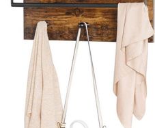 Wall Coat Rack in Industrial Design, Vintage with 3 Hooks, Bar and Shelf 40 x 60 x 21.5 cm, Wood/Black