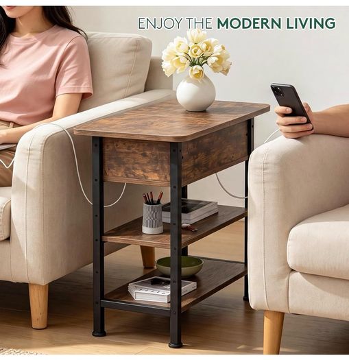 Side Table with Charging Station, Small Flip Top Narrow Sofa End Table with USB Ports, Type C Ports and Outlets, with Storage, 3-Tier, for Living Room, Bedroom, Brown