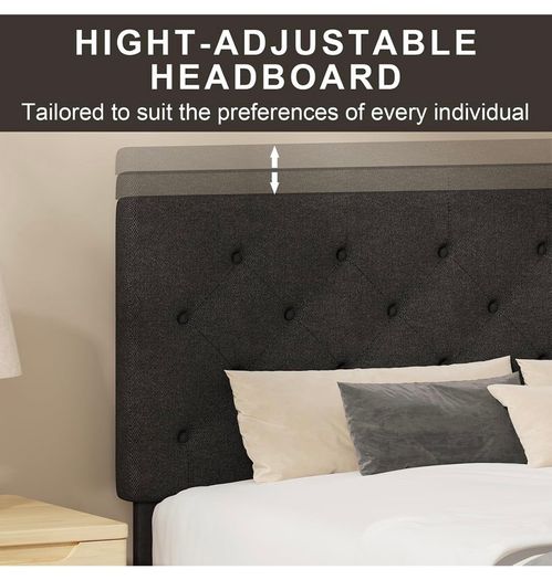 Single Bed Frame, 90 x 190 cm, with Adjustable Upholstered Headboard, Heavy Duty 256kg Weight Capacity, Easy Assembly, No Box Spring Needed, Grey