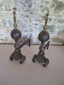 Pair of Large Victorian Fireplace Fire Dogs with Brass Finials