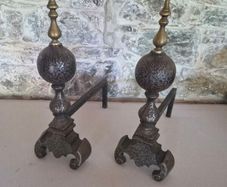Pair of Large Victorian Fireplace Fire Dogs with Brass Finials