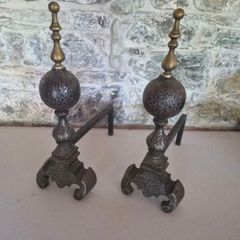 Pair of Large Victorian Fireplace Fire Dogs with Brass Finials