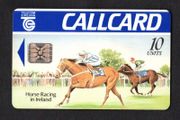1991 Ireland 10 unit Horse Racing in Ireland Definitive Call Card with Schlumberger SC5 Chip, Marlborough Street Address, Gloss finish, White back, Blue solid Flag, No Barcode Used. Telecom Eireann card number 1034.