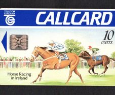 1991 Ireland 10 unit Horse Racing in Ireland Definitive Call Card with Schlumberger SC5 Chip, Marlborough Street Address, Gloss finish, White back, Blue solid Flag, No Barcode Used. Telecom Eireann card number 1034.