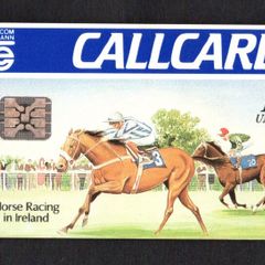 1991 Ireland 10 unit Horse Racing in Ireland Definitive Call Card with Schlumberger SC5 Chip, Marlborough Street Address, Gloss finish, White back, Blue solid Flag, No Barcode Used. Telecom Eireann card number 1034.