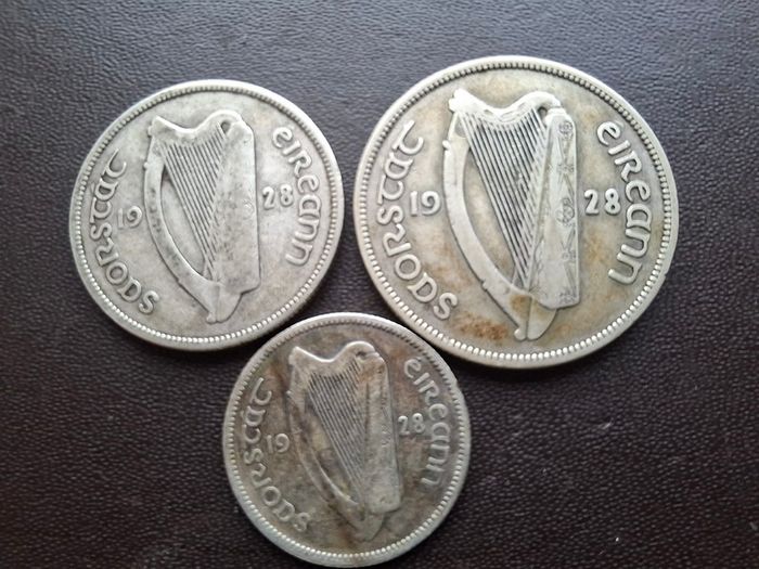 1928 Irish Free State. Set of 3 Silver Coins: Half Crown&Florin&Shilling