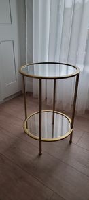 Side tables, round, gold, mirror & glass