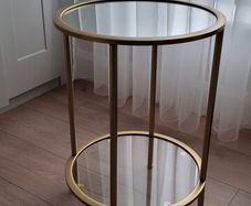 Side tables, round, gold, mirror & glass