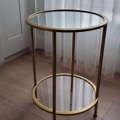 Side tables, round, gold, mirror & glass