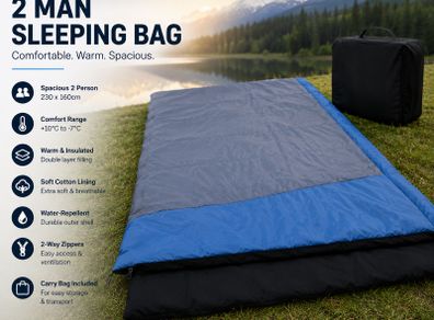2 Man Sleeping Bag 230 x 160cm Cotton Lined Double Sleeping Bag 3 to 4 Season Camping Blanket