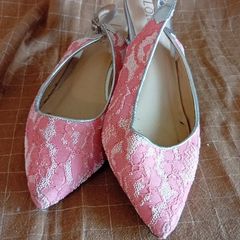 Coral Lace Beaded Kitten Heels