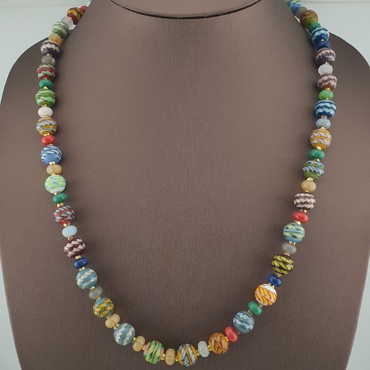 Antique Venetian Style MultiColor Stripe`Pattern Glass Beads Necklace