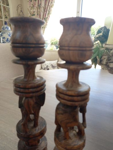 lovely pair of wooden african art handcrafted candlessticks