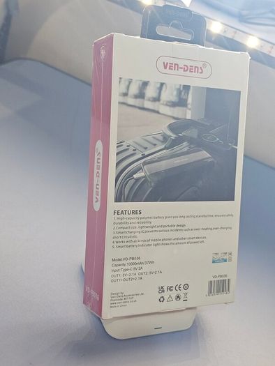 Power Bank Latest Ven dens VD-PB036 10000mAh 2A Fast charging high quality portable lightweight design In Black Colour.