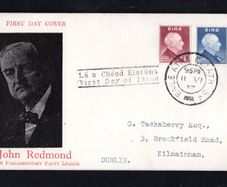 1957 Ireland Centenary of the birth of John Redmond (Leader of Irish Parliamentary Party) Commemorative Stamps Illustrated with photo of Redmond First Day Cover (FDC) with Baile Atha Cliath (Dublin) cancel