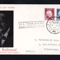 1957 Ireland Centenary of the birth of John Redmond (Leader of Irish Parliamentary Party) Commemorative Stamps Illustrated with photo of Redmond First Day Cover (FDC) with Baile Atha Cliath (Dublin) cancel