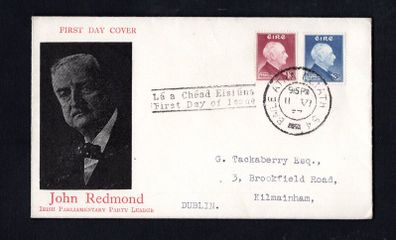 1957 Ireland Centenary of the birth of John Redmond (Leader of Irish Parliamentary Party) Commemorative Stamps Illustrated with photo of Redmond First Day Cover (FDC) with Baile Atha Cliath (Dublin) cancel