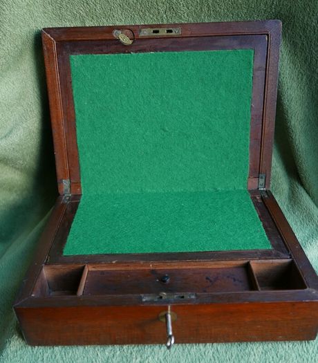 Antique 1800s Wood Folding Portable Travel Writing Lap Desk Campaign Box Case Key
