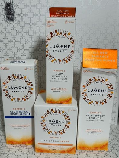 Lumene Nordic c glow renew boost essence, day cream spf15, awakening eye cream, glow night serum