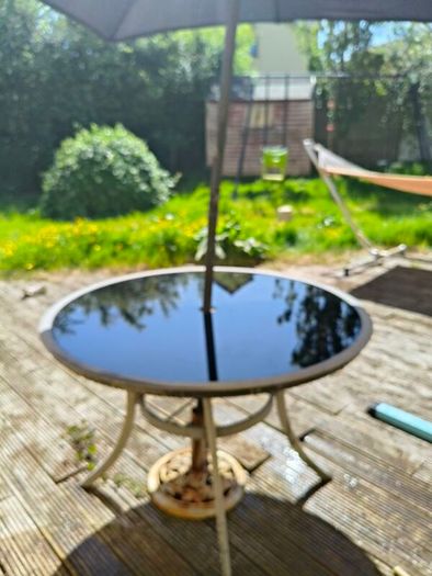 Garden table, black glass top + umbrella with stand