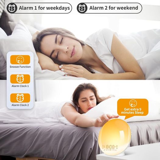 Alarm Clocks, Wake Up Light with Sunrise/Sunset Simulation Dual Alarms Bedside Night Lamp Snooze Function FM Radio 7 Natural Sound 11 Colorful Atmosphere Lamp
