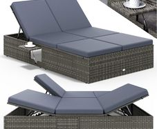 Double Sun lounger with table attached Sun Lounger for 2 People with Folding Table Garden Lounger 7 cm Cushions Weatherproof 400 kg Load Capacity Recliner Adjustable