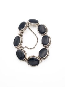 Vintage Signed Mexico Sterling Silver Onyx Chunky Bracelet