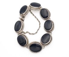 Vintage Signed Mexico Sterling Silver Onyx Chunky Bracelet