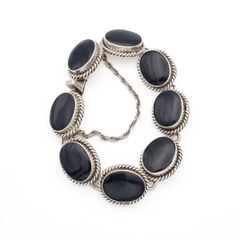 Vintage Signed Mexico Sterling Silver Onyx Chunky Bracelet
