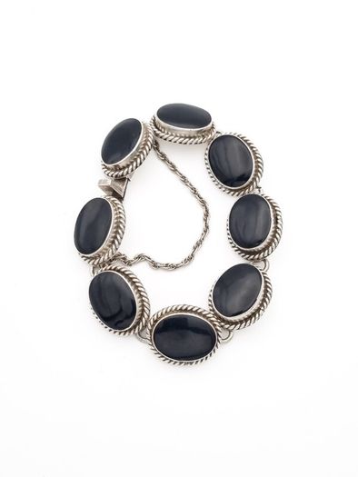 Vintage Signed Mexico Sterling Silver Onyx Chunky Bracelet