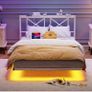 4ft6 Double Floating Bed Frame with LED Lights and Charging Station, Metal Platform Bed Frame Double Bed with Wooden Storage Headboard Under-bed Storage No Box Spring Needed White and OAK Image 8