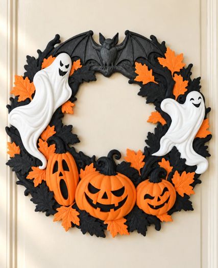 Halloween wreath with ghosts, pumpkins and bat