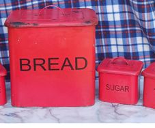 Vintage Red Metal Bread Bin & Kitchen Canister Set. 1960s Style