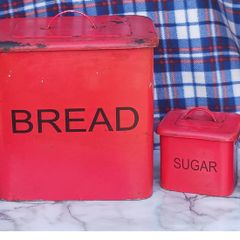 Vintage Red Metal Bread Bin & Kitchen Canister Set. 1960s Style