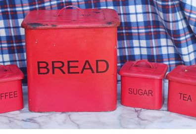 Vintage Red Metal Bread Bin & Kitchen Canister Set. 1960s Style