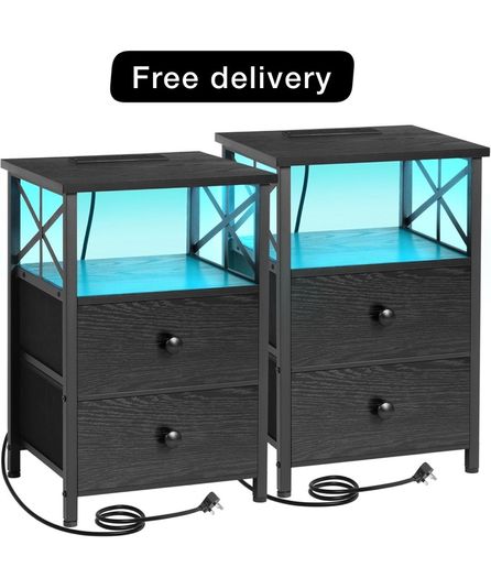 Bedside Table Set of 2, Side Table with Charging Station and Led Lights