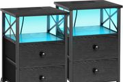 Bedside Table Set of 2, Side Table with Charging Station and Led Lights