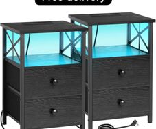 Bedside Table Set of 2, Side Table with Charging Station and Led Lights