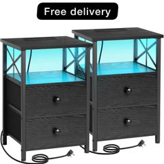 Bedside Table Set of 2, Side Table with Charging Station and Led Lights