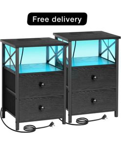 Bedside Table Set of 2, Side Table with Charging Station and Led Lights