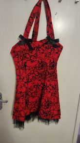 Red Rockabilly Tattoo Print Dress with Tulle Hem