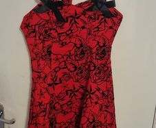 Red Rockabilly Tattoo Print Dress with Tulle Hem