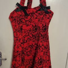 Red Rockabilly Tattoo Print Dress with Tulle Hem