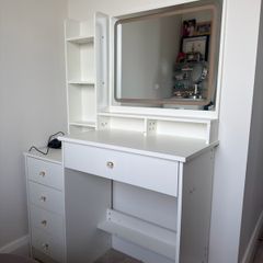 Dressing Table with LED Mirror and Adjustable Lights, 90cm White Vanity Desk