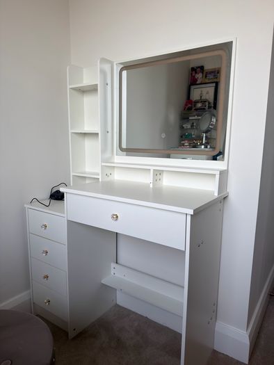Dressing Table with LED Mirror and Adjustable Lights, 90cm White Vanity Desk