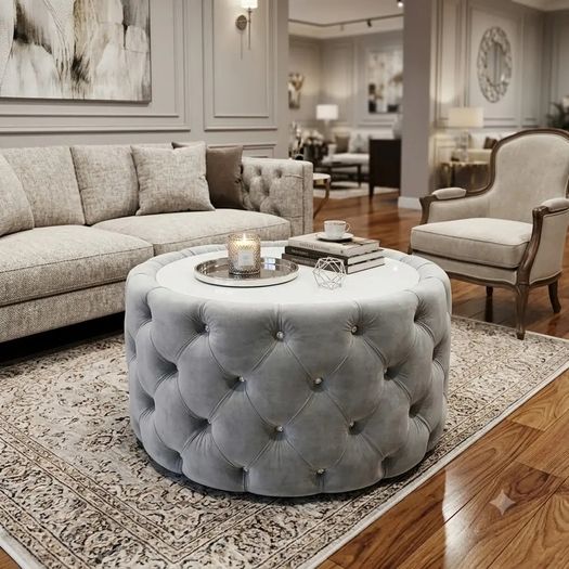 Round Velvet Coffee Table  Tinted Glass Top