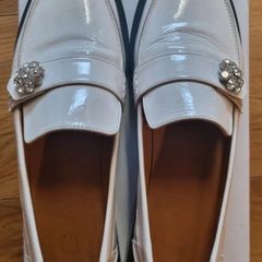 ladies GANNI white leather loafers with diamante buckle